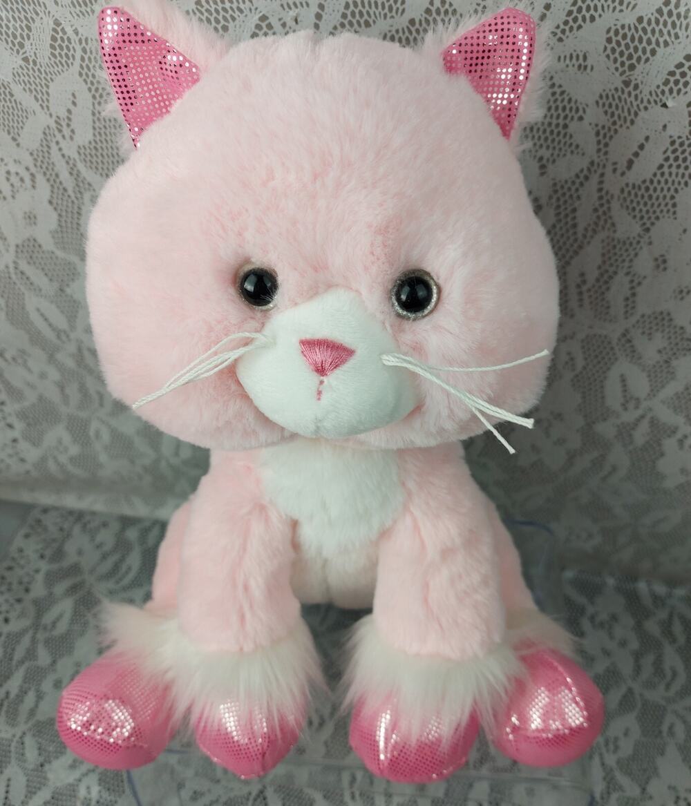 Ganz Sassy Cat Pink Kitty Kitten White Shiny Satin 12" Plush Stuffed Animal Toy
